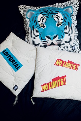 Cushions: "We have a great collection of cushions but I particularly like this iconic Bernhard Wilhelm tiger cushion for its shot of bright blue..."