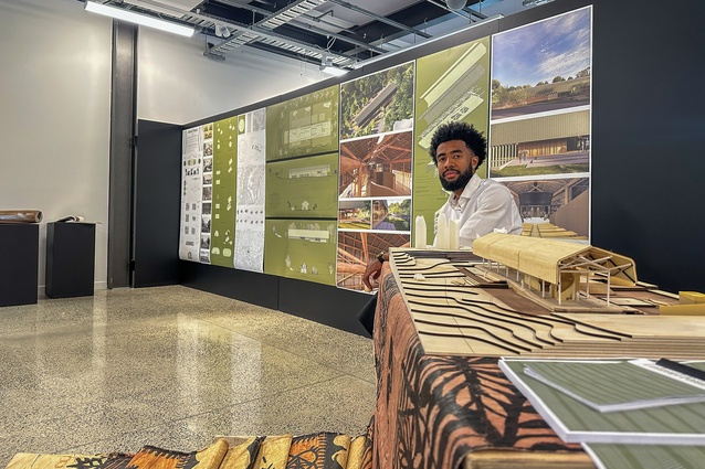 Mila Makasini with his project Lalava’i Fonua, exhibited at Otago Polytechnic School of Architecture.