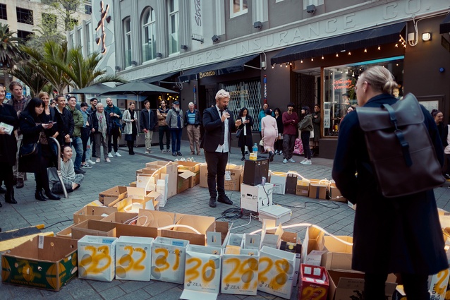 Matt Liggins' installation, <em>In the Box! Auckland</em>. From Urban Art Village 2020.