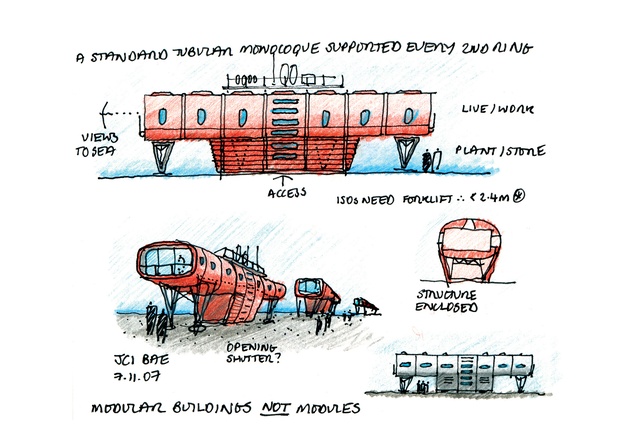 Hugh Broughton Architects’ sketch of its design for the Juan Carlos 1 Antarctic Research Base on Livingston Island. The new base, completed in 2016, comprises a habitat module, a separate science module and a series of support modules for services and storage.