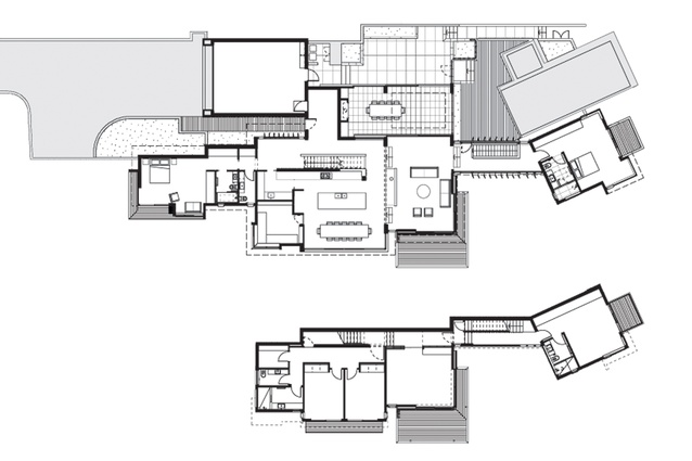 Upper level floor plan (top) and lower level floor plan (bottom).