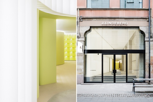 Inspired by the J.Lindeberg logo, pop art and 1970s sporty motifs, the interior of the store is conceived more like a museum: flexible enough to host events and other happenings.