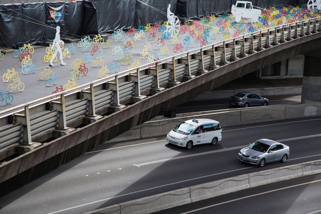 For Urbis Designday 2013, Matter worked with Resene to install 365 bikes on the disused Nelson Street motorway offramp to show how it could be used.