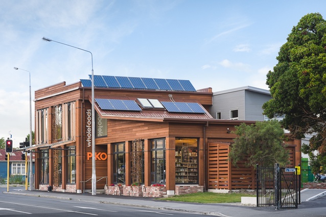 PIKO Wholefoods store, Christchurch. The solar energy system on the roof generates 5kW of solar power, and the renovated building features recycled materials where possible.