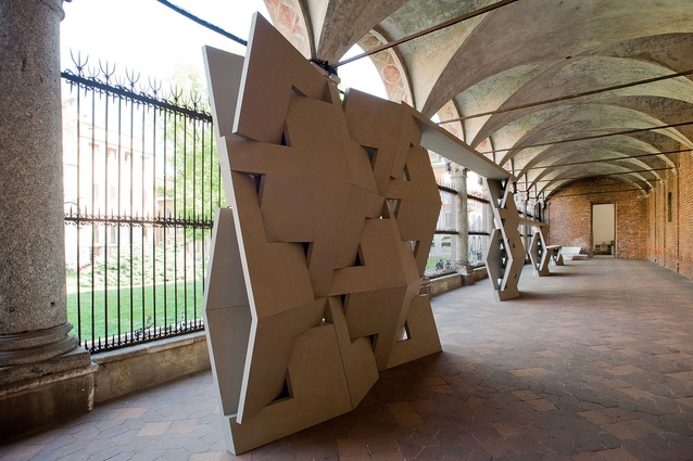 An installation at the University of Milan, consisting of 30 concrete QuaDror structures, presented as part of the Salone del Mobile 2011. 