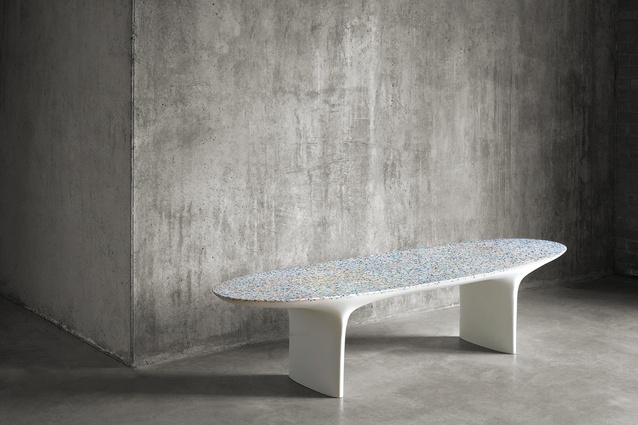 The Flotsam bench is made by Brodie Neill from plastic collected from beaches and formed into a composite to create a terrazzo look.