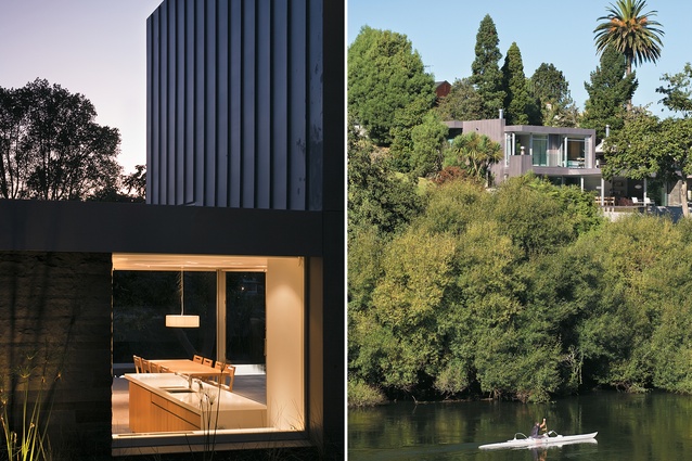Looking through an east-facing window to the kitchen and dining spaces; the bedrooms are located on the upper floor; looking across the Waikato River towards the house.