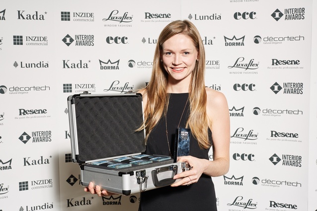 Winner of the Student Award at the 2016 Interior Awards: Kate Turner of UoA for <em>The Fictional Generator</em>. Shown here with her $1,000 cash prize and bespoke trophy.