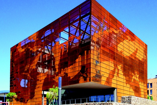 Geological Institute of Catalonia, Spain by Oikosvia Arqutiectura, 2012. The exterior skin is formed by weathering steel plates perforated with holes of different diameters.