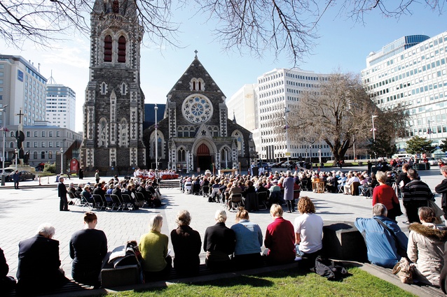 An outdoor service in the Square after the first big shock of 2010. Immediately after the February 2011 quake services were moved to Fendalton Open-air School, and then to Christ’s College until the Transitional Cathedral was built.