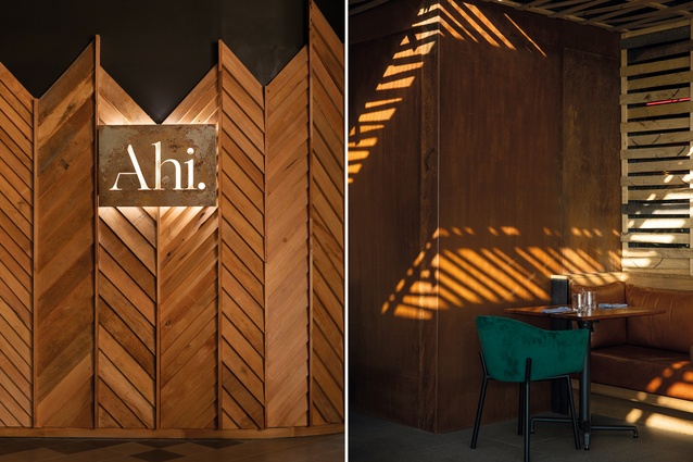 In Ahi, a base of native timbers (at points charred, at others left raw) and rusted steel has been paired with rich, brown tones, natural stone and burnt-umber leather. 