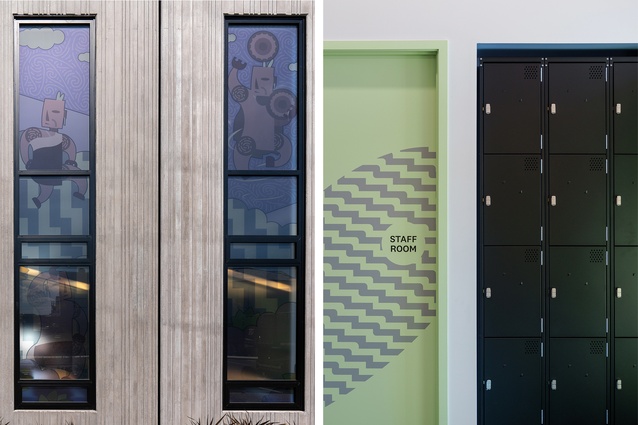 Left: Tane and the baskets of knowledge window graphics; right, signage in the library is imbued with Māori cultural references.