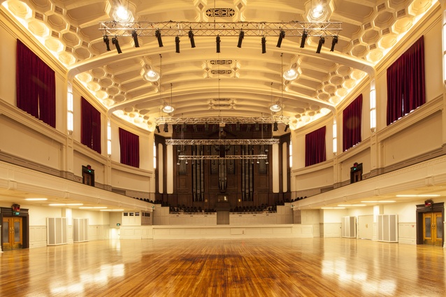 Dunedin Town Hall with new lighting, seating (on upper levels), air conditioning and colour scheme. 