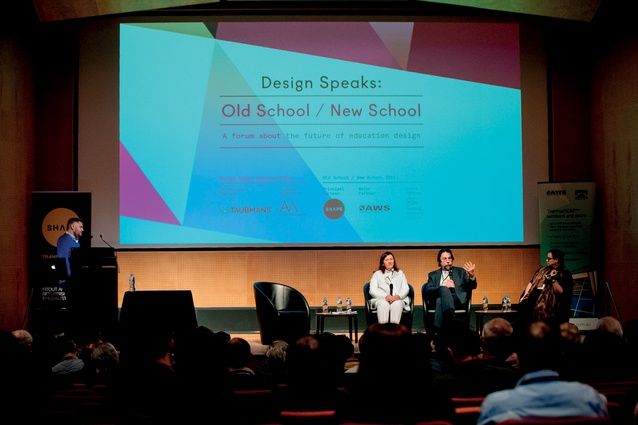 Speakers at the Design Speaks forum – Debbie Ryan from McBride Charles Ryan; Marco Berti, University of Technology Sydney; and Libby Guj, JCY Architects and Urban Designers – line up on stage at the Old School/New School conference. 