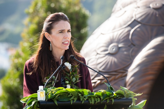 Prime Minister Jacinda Ardern officially unveiled a Pacific Islands Memorial by artist Michel Tuffery in collaboration with architect John Melhuish of Herriot Melhuish O'Neill Architects.