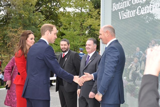 Architect Andrew Patterson greets the Duke of Cambridge at the recent opening of the visitor centre at the Christchurch Botanic Gardens.
