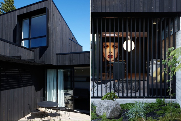 Screening on the outdoor room continues the theme of vertical lines and helps shelter the space without completely cutting it off from the yard. 