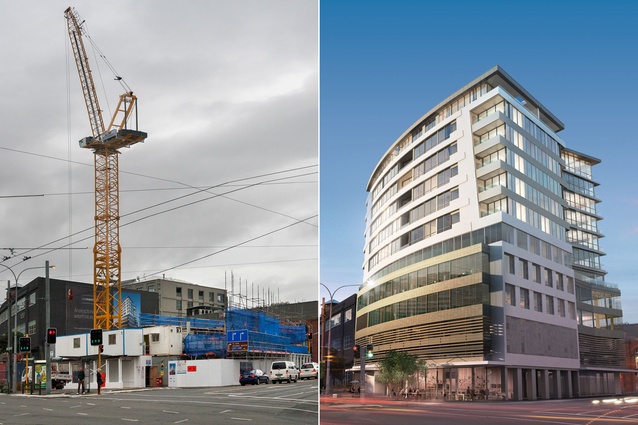 A before and after view of the site at a busy Wellington intersection. 