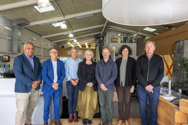 Studio Pacific's Board of Directors. Left to right: Leo Foliaki (Incoming Independent Director), Nick Barratt-Boyes, Stephen McDougall, Helen Anderson, James Wallace, Linda Meade (Departing Independent Director), and Evžen Novák.