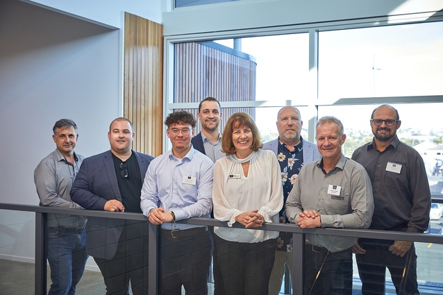 Kerin Russell-Smith, Director, Russell Group and Keystone Trust trustee, and her team with their 2021 Key Partner Scholarship recipient, Kito Tamanui-Fransen, (3rd from left) who is studying a Bachelor of Construction at Unitec.