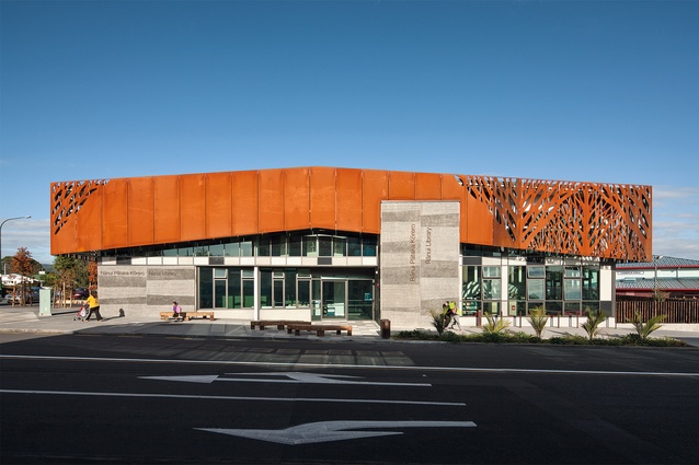 <a href="http://architecturenow.co.nz/articles/community-minded-ranui-library/" target="_blank"><u>Rānui Library</u></a>, West Auckland by Jasmax. The Corten steel wraps the upper storey, and is perforated at two corners by a tree pattern that reflects the Waitakere Ranges.