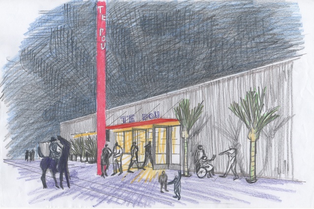 A concept drawing by Graeme Burgess of the exterior of Te Pou at night. Watercolour pencils on paper.