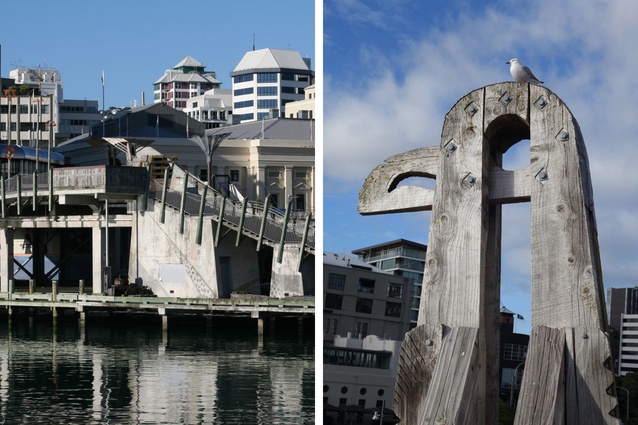 Poneke Wellington's City to Sea bridge designed by Rewi Thompson and John Gray with sculptor Para Matchitt. Image credits: Left: Michael Coghlan CC BY-SA 2.0 via Wikimedia Commons; right: <a 
href="https://www.flickr.com/photos/aganderson/27596882765/in/photostream/"style="color:#3386FF"target="_blank"><u>Andos_pics</u></a> via Flickr.