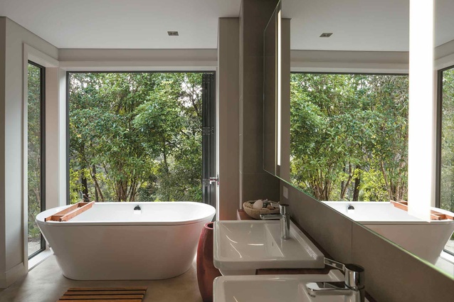 Looking past the bath in the ensuite bathroom to the dense bush beyond. 