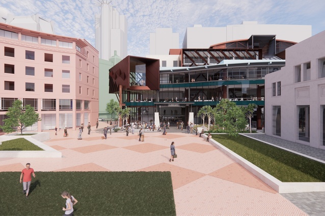 Render showing the Wellington City Library refurbishment viewed from the Te Ngākau Civic Precinct.