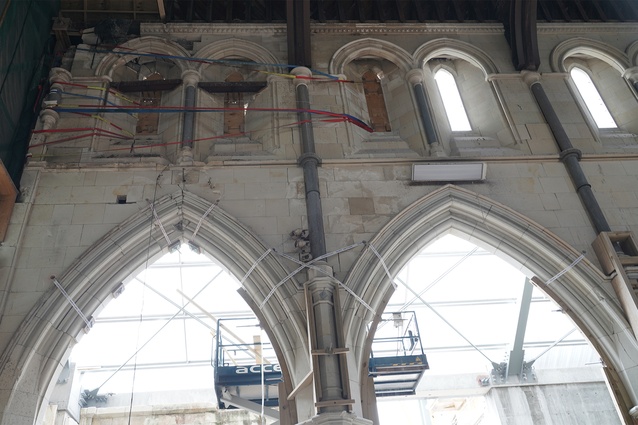 Pinning and strapping of the nave columns and arches.