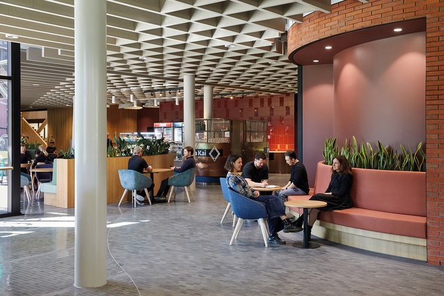 The ground-floor café space. of Waimarie sinuously. flows through the building. A bespoke coffered ceiling supports wayfinding through the ground-floor public areas.