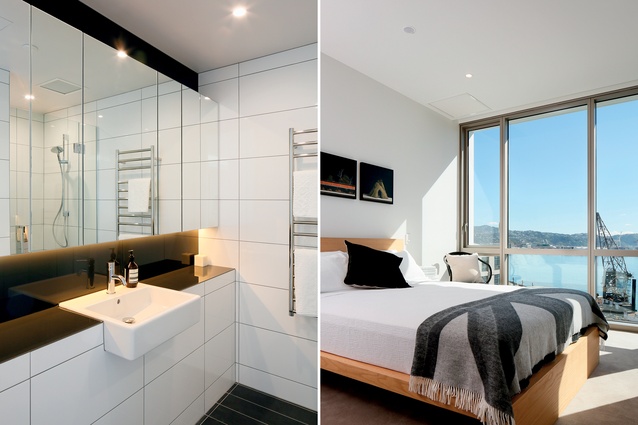 A black-and-white tiled bathroom and a bedroom with a view, overlooking Wellington’s stunning harbour.