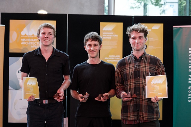 Winner of the  Open Conceptual category, Isaac Sweetapple (left); winner of the Supreme award and the Postgraduate category, Jeremy Priest (centre); and winner of the Undergraduate category Finn Forstner (right).