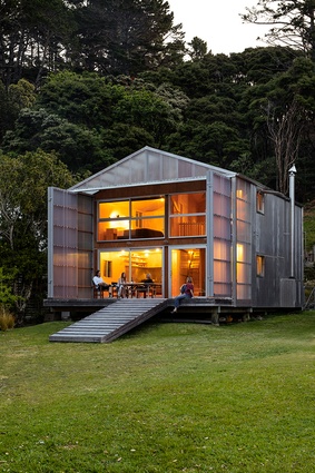 Kawau Island Bach. Maggie and Sam pictured here with the client. Sam Caradus was the project architect.