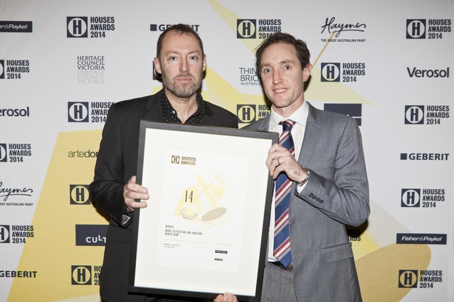 Winner of Alterations and Additions under 200m<sup>2</sup> Drew Carling of Maddison Architects (left) with Charlie McDonald of Fisher & Paykel (right).