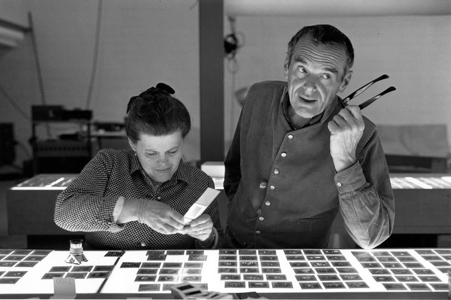 Ray and Charles Eames picking slides for the exhibition, Photography & the City, 1968, as seen in Jason Cohn and Billl Jersey's documentary Eames: the Architect and the Painter.