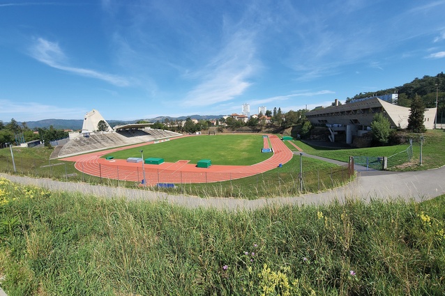 The athletic track, House of Culture and church form the heart of the city campus.