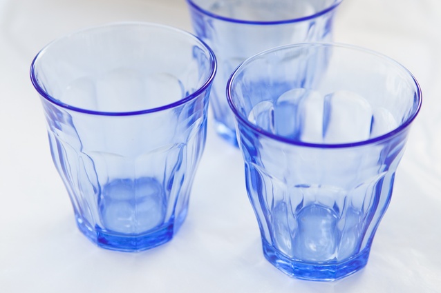 "These classic French bistro tumblers are made of tempered glass so they’re practically indestructable. I drop them onto the floor at my shop to prove it."