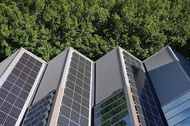 Photovoltaic panels on the atrium roof as well as water collection are big contributors to the building’s top Green Star rating.