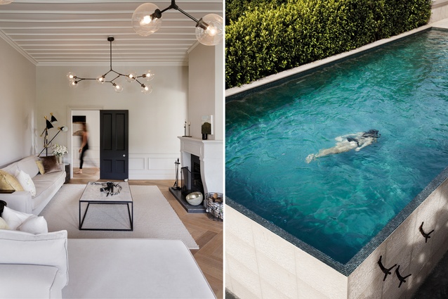 Sofas from Designers’ Collection, lights from Lindsey Adelman: chandeliers in gunmetal, and rug from Source Mondial; the swimming pool wall features some tiled divers.