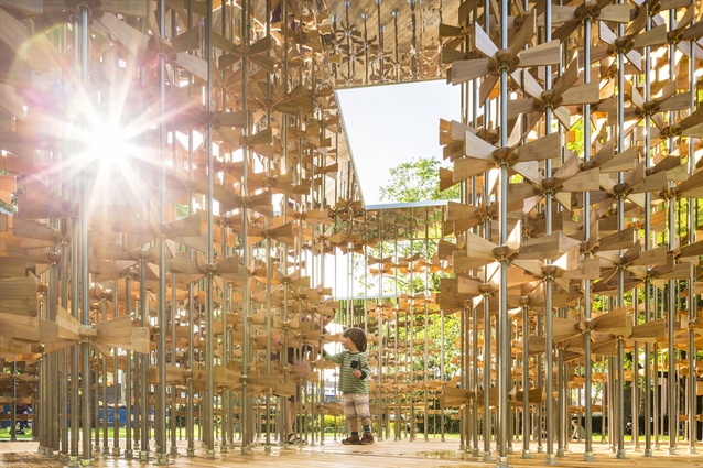 Energy Pavilion, Museum Gardens, London by Five Line Projects. Constructed mainly from bamboo, it is a kinetic playground of moving objects that focuses on user engagement.