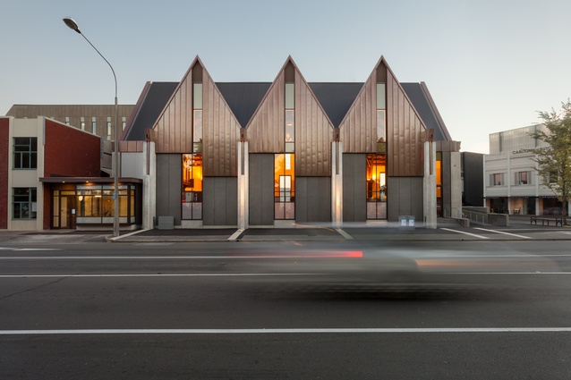 Public Architecture Award: Knox Presbyterian Church rebuild by Wilkie + Bruce Architects. New exterior with remnant interior visible through windows.