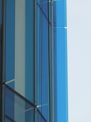 Laminated coloured glass fins.