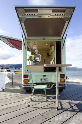 “the Coffee Cart”: a converted Tuk Tuk based in Wellington. The pull-out table can also be used as a leaner.