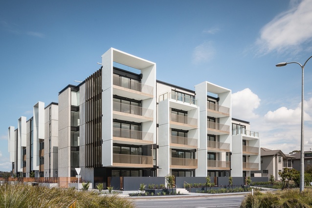 Architecturally-designed high-density apartments: Altera Apartments by Warren and Mahoney at Stonefields, Auckland.