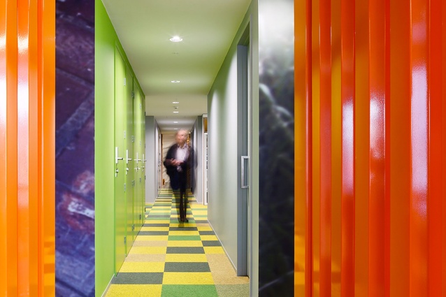 Colour throughout - storage areas and toilets are located in the central core. The shear walls are decorated with a 'Rubix's Cube' of photographic images from the outdoors. 