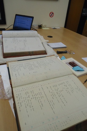 As part of her next book, Deidre has been tracing Māori whare (house) and pataka (storehouse) parts that were removed by early missionaries. This is her workspace at the Te Papa archive, where she is finding some of the items.