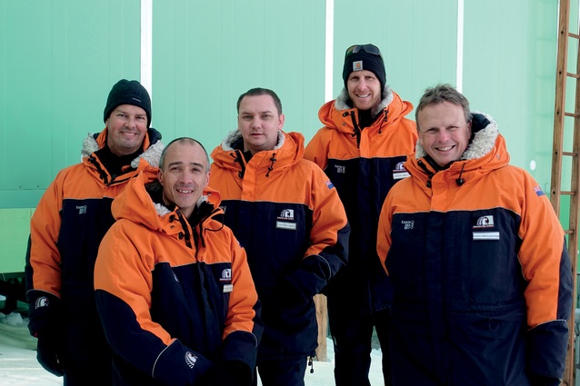 Members of the collaborative design team at Scott Base, Antarctica, from left to right: Jamie Lester (WSP Opus), Stephen Middleton (Jasmax), Martin Craig (Steensen Varming), Simon Shelton (Antarctica New Zealand) and Hugh Broughton (Hugh Broughton Architects). 
