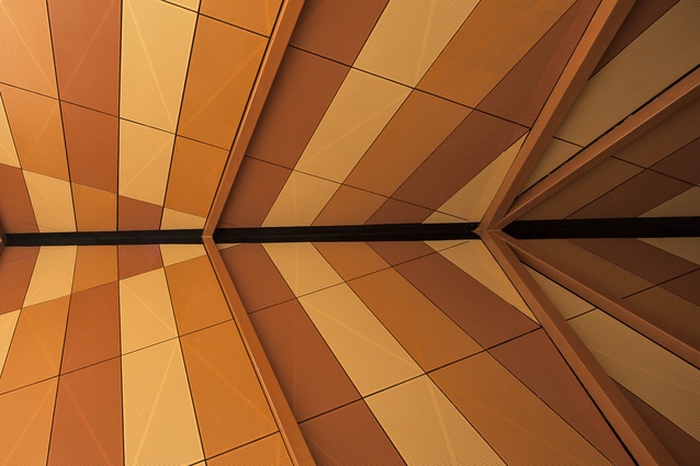 A triangular pattern occurs throughout the campus and in the stained-plywood 
soffits of the canopies.
