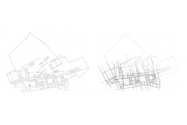 Analytical site plans: cross-section of the artisan school and the restored monastery.
